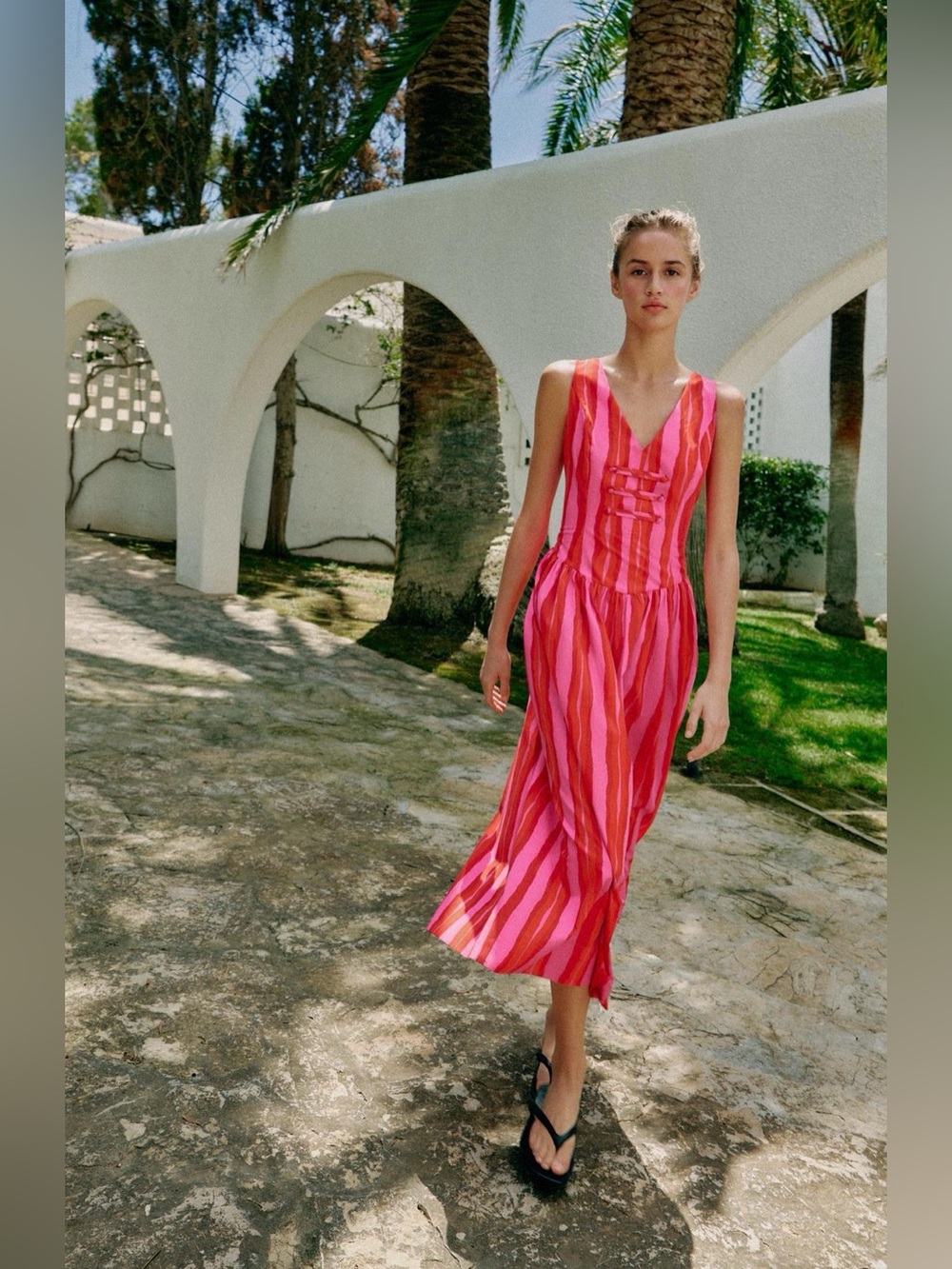 Zara Pink & Fuchsia Striped V-Neck Midi Dress